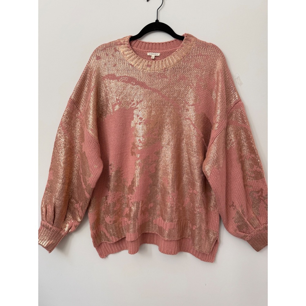 Jodifl Women's Small Oversized Metallic Rose Gold Pink Abstract Sweater